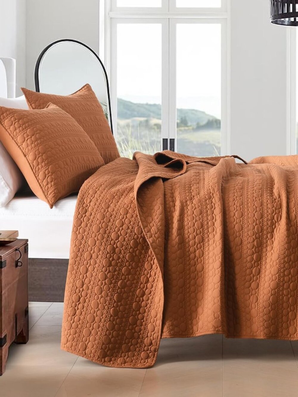 Quilt Set Queen Size Burnt Orange, Classic Geometric Spots Stitched Pattern, Pre